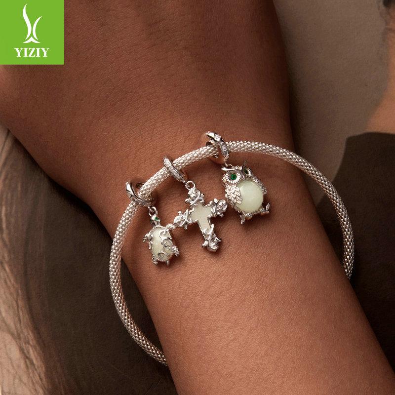 Luminous Stone Turtle Diy Pendant Accessories, Mysterious Retro Pattern S925 Sterling Silver Beads