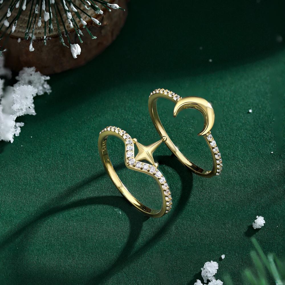 S925 Sterling Silver Star & Moon Ring: Stackable, High-End Micro-Zircon, Open Design for Women