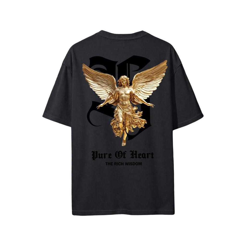 Men's Gothic "Pure Of Heart" Angel Graphic Tee, Retro Streetwear Oversized T-Shirt with Front & Back Print