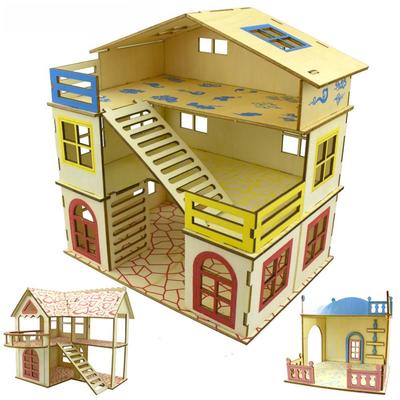 Solid Wood Hamster Cage, Three-Story Villa with Climbing Frame and Stairs for Small Pets