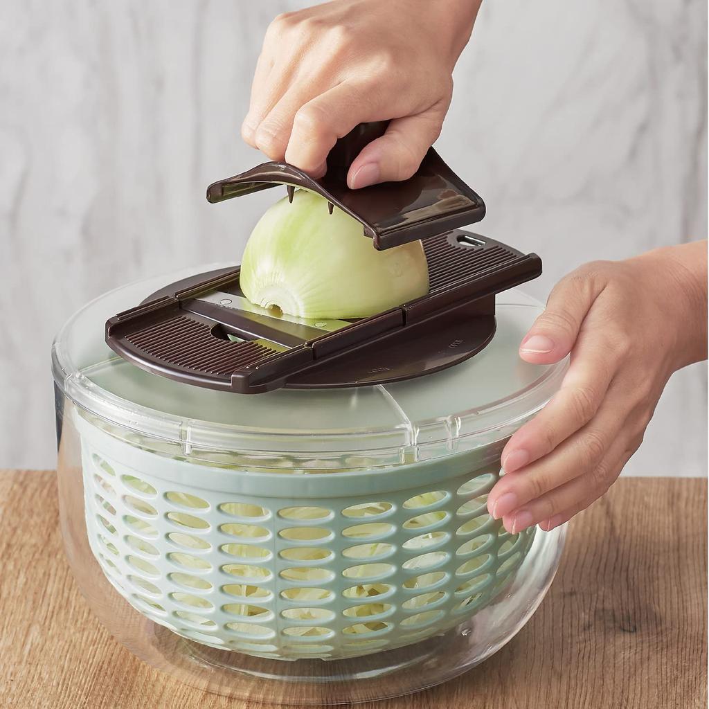 Zestaw do krojenia sałaty Push, wysoka prędkość obrotowa, dokładne odsączanie, cienkie, zawiera uchwyt bezpieczeństwa, kompaktowe przechowywanie [Toffy] i K-HC10 2 w 1, krojenie/cienkie plasterki