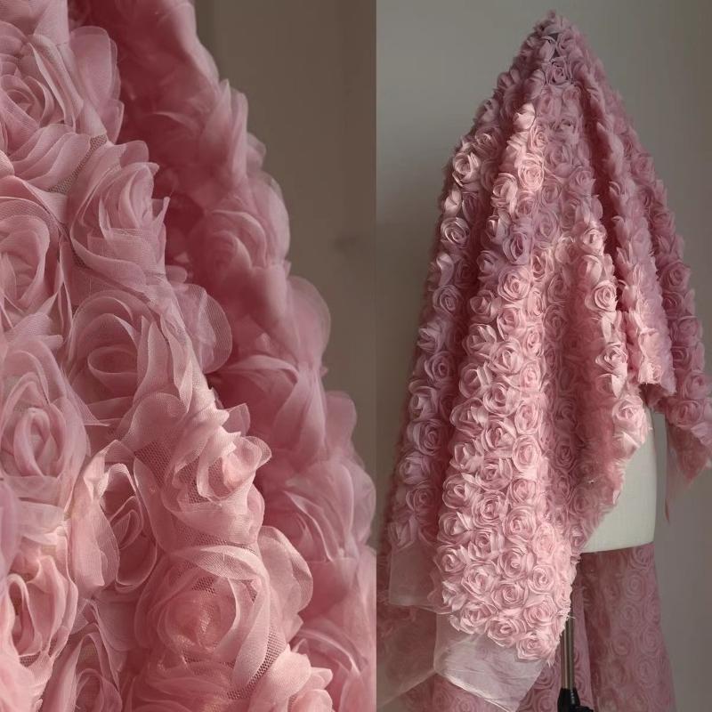 3D Rose Flower Lace Fabric for Wedding Dress and Gown Designer Fabric DIY Home Textile Cushion Background Decor Cloth