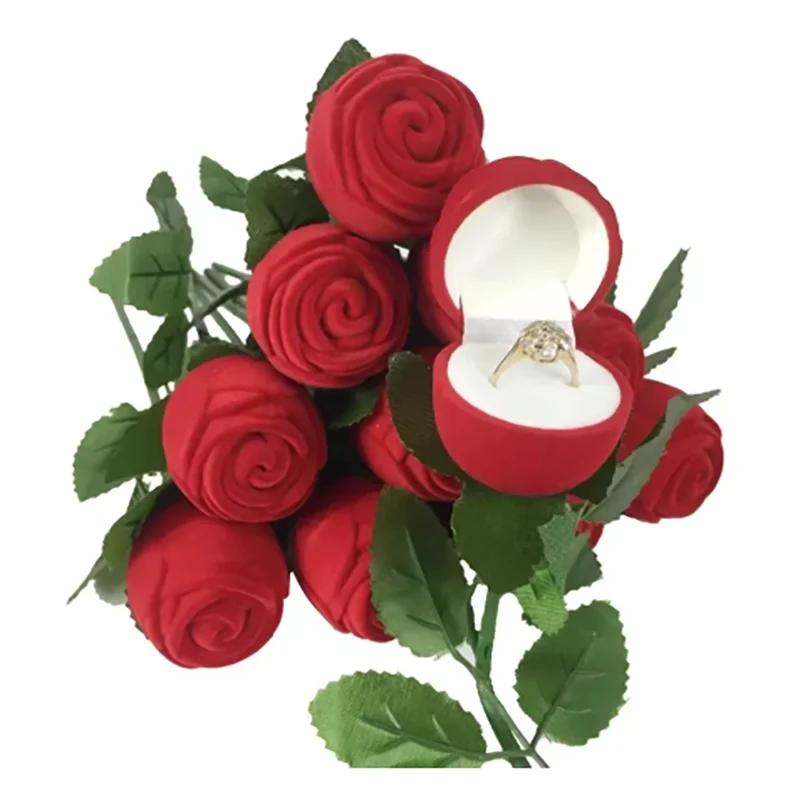 Beflockte Rosen-Ringbox Langwurzel-Rosen-Ohrring-Ring-Aufbewahrungsbox High-End-Geschenkbox Verlobungsring-Aufbewahrungsbox