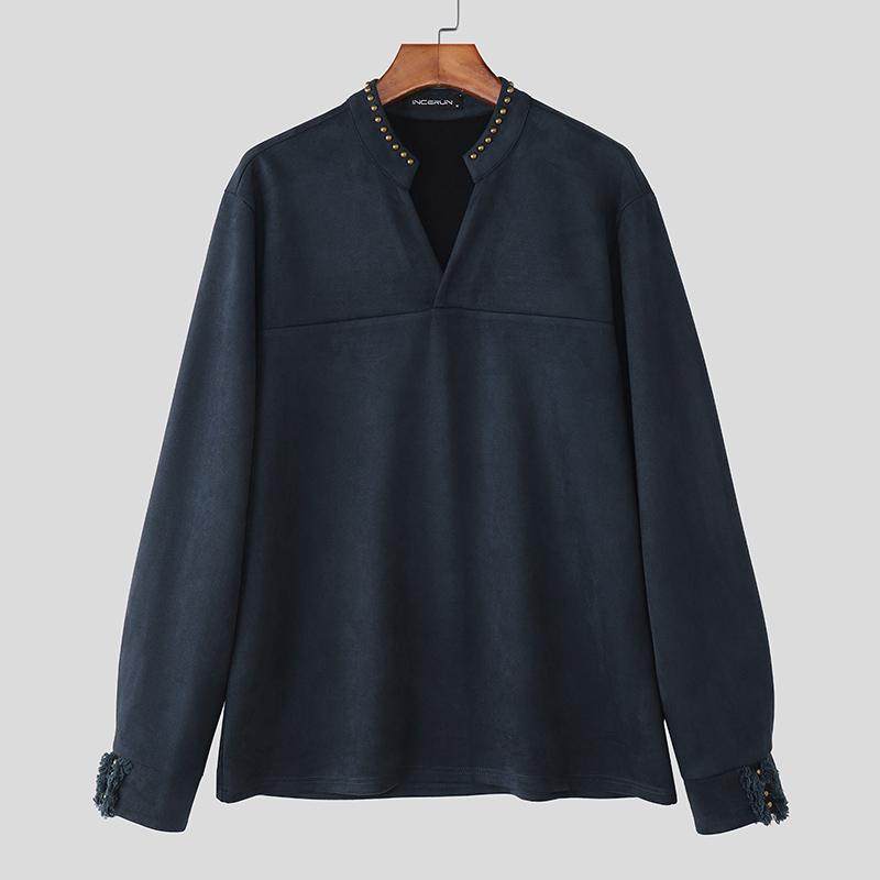 

INCERUN Spring Men Stand Neck Long Sleeve Beading Casual Pullover T-shirts Tops 4XL синий