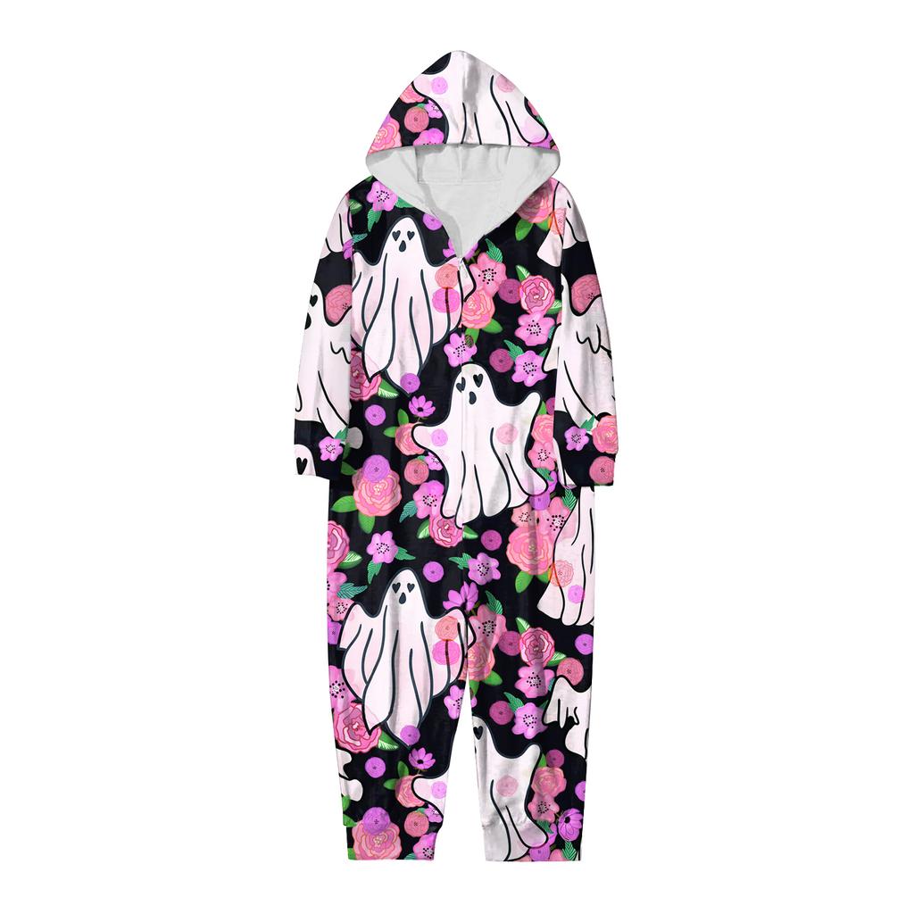 Halloween Printed Family Matching Hooded Long Sleeved Zippered Hooded Jumpsuit Set