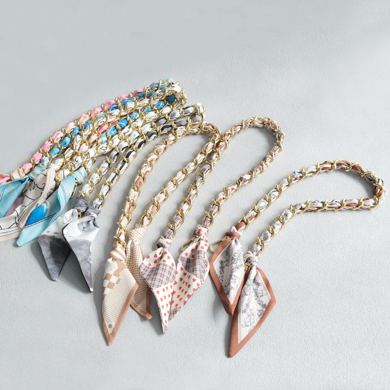 New Fashion Brand Woman Handbag Accessory Chains Detachable Floral Print Gold Silver Metal Silk Shoulder Strap Women DIY Chain Bag Handles