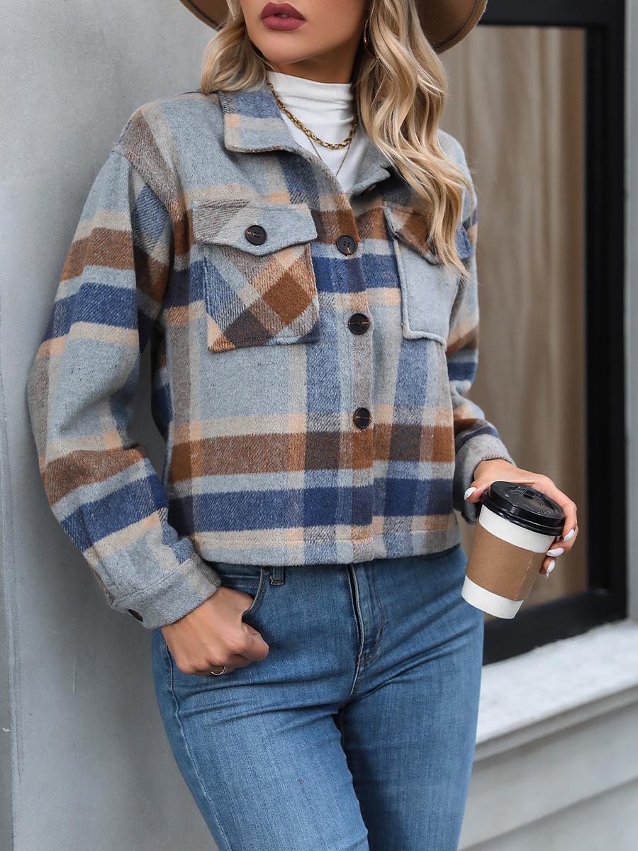 Модная повседневная женская шерстяная короткая куртка в клетку с карманами XXL зелёный — фото 15