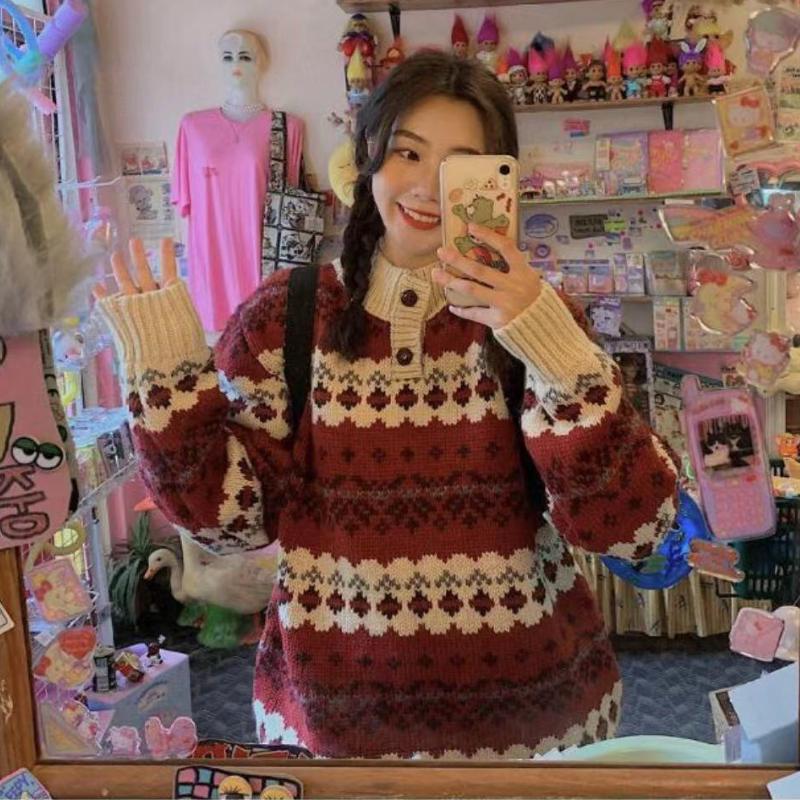 Winter New Christmas Pullover Knitted Sweater Women Fashion Print Red Long Sleeve Sweaters Vintage Outerwear Casual Warm Round Neck Knitwears 25303