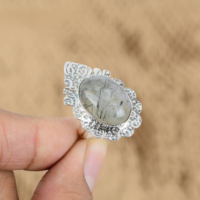 925 Sterling Silver Black Rutile Gemstone Boho Promise Wedding New Ring Jewelry