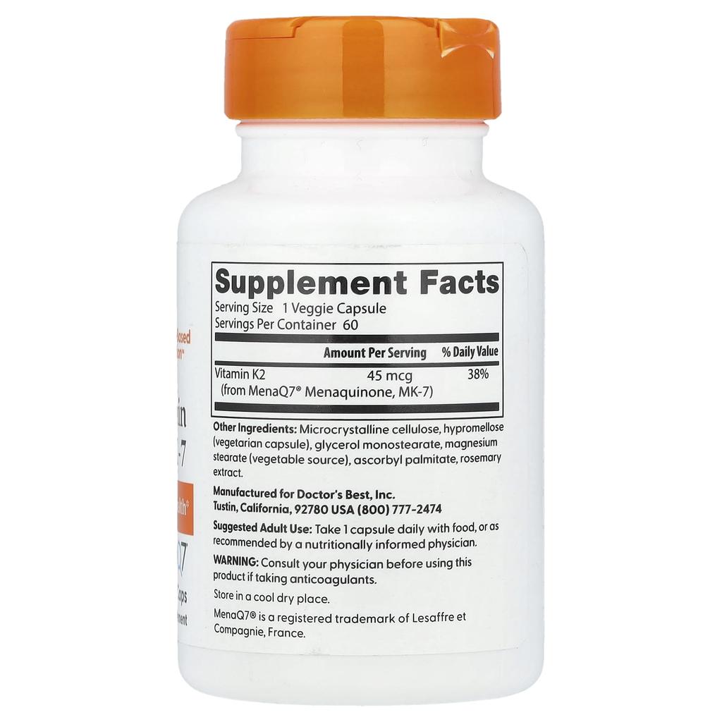 Doctor's Best Natural Vitamin K2 Mk-7 with Menaq7, 45Mcg, 60 Veggie Caps