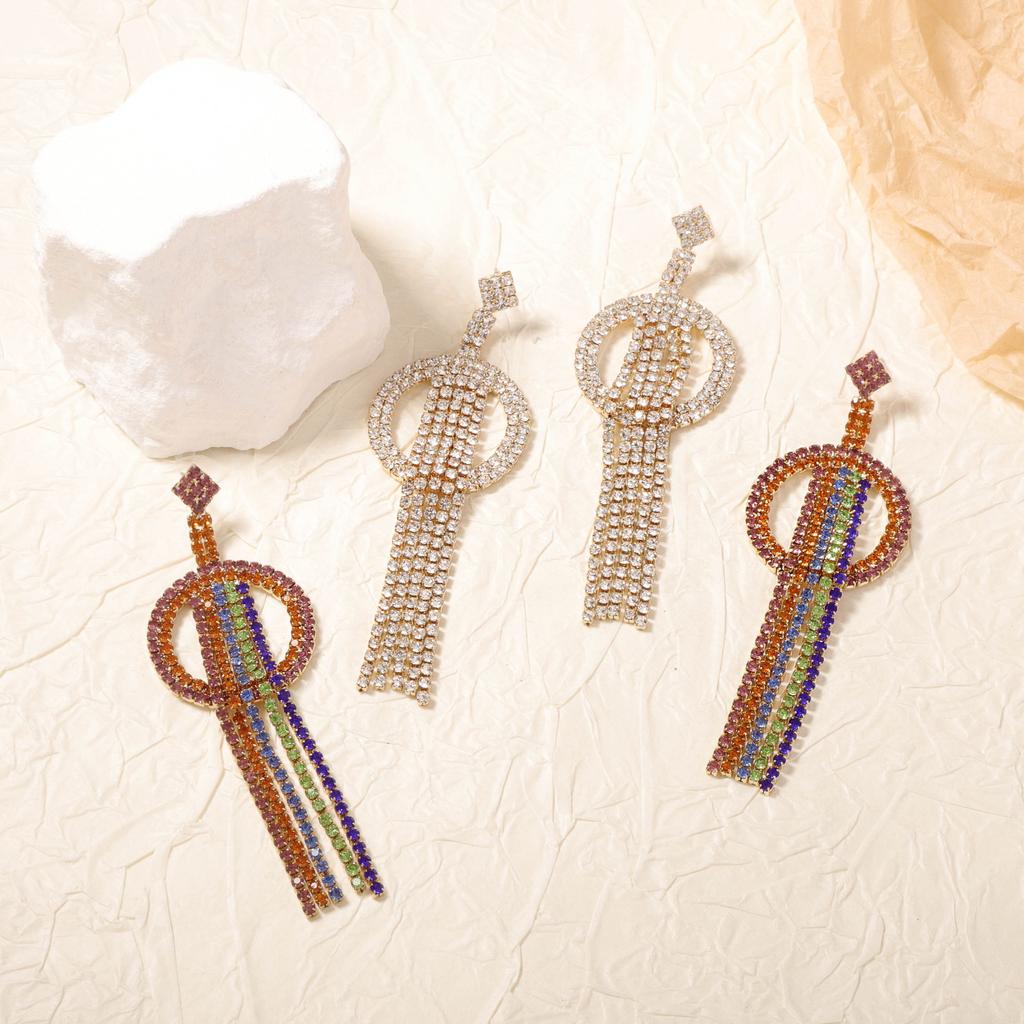 Bohemian personality retro trend full diamond geometric long fringed earrings exquisite high design women
