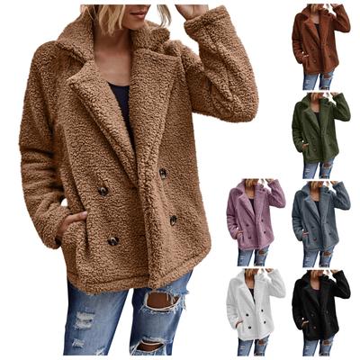 Damenjacke, langärmelig, Winter-Plüsch-Revers, Doppelknopf-Plüschmantel