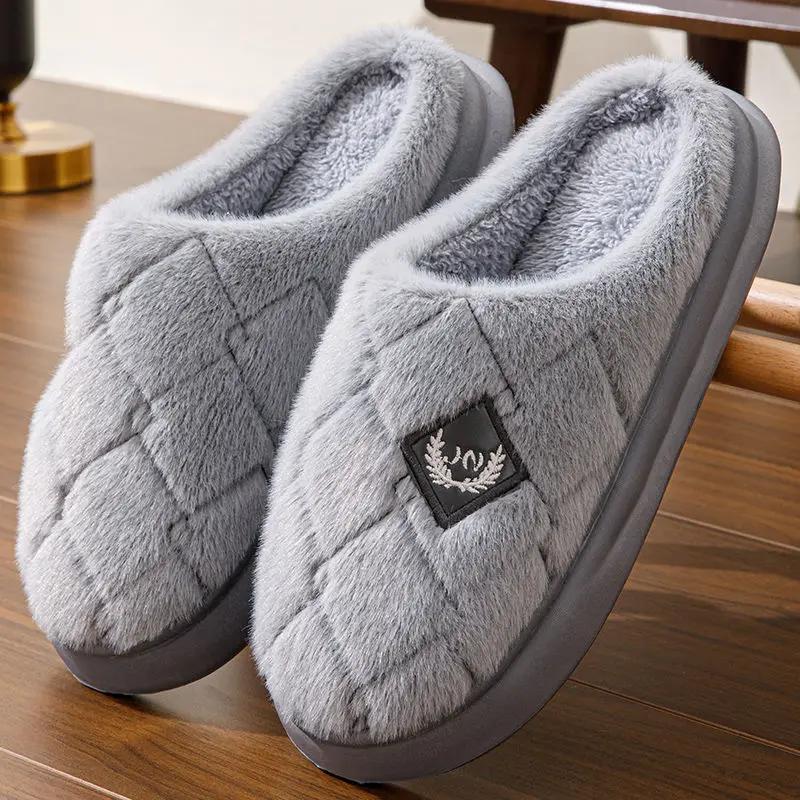 Fashion Plus Size 50/51 Men House Slippers Furry Plaid Cozy Memory Foam Lightweight Casual Shoes Winter Warm Plush Non-slip Male Slipper
