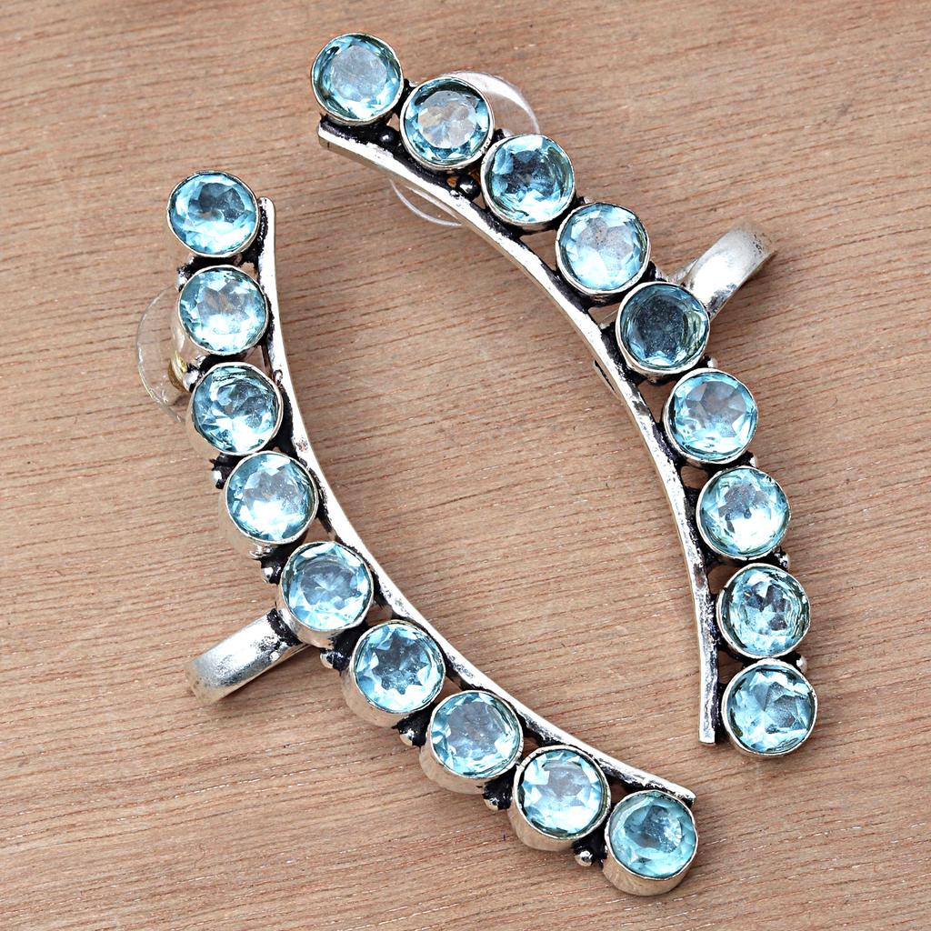 Swiss Blue Quartz Gemstone Women's Unisex Silver Jewelry Climber Earring 2.5''