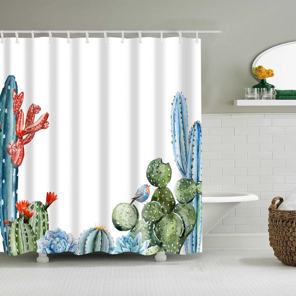 Watercolor Tropical Leaves Shower Curtain Waterproof Mildew Resistant Polyester Fabric With 12 Hooks Easy Installation For Bathr