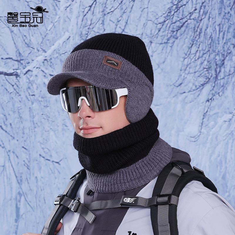 Winter hat, scarf set, outdoor velvet and cold-proof knitted wool hat, men's cycling warm ear protection pullover hat
