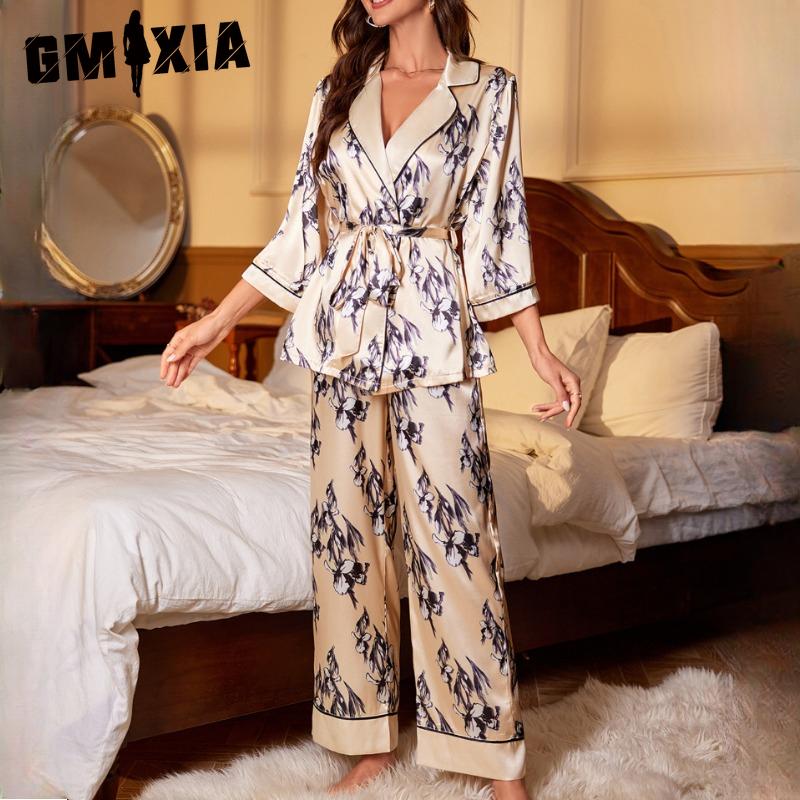 GMXIA Pyjamas Autumn and Winter Women Simulation Silk French Cardigan Lace-up Robe Pajama Trousers Senior Sense of Homewear Suit