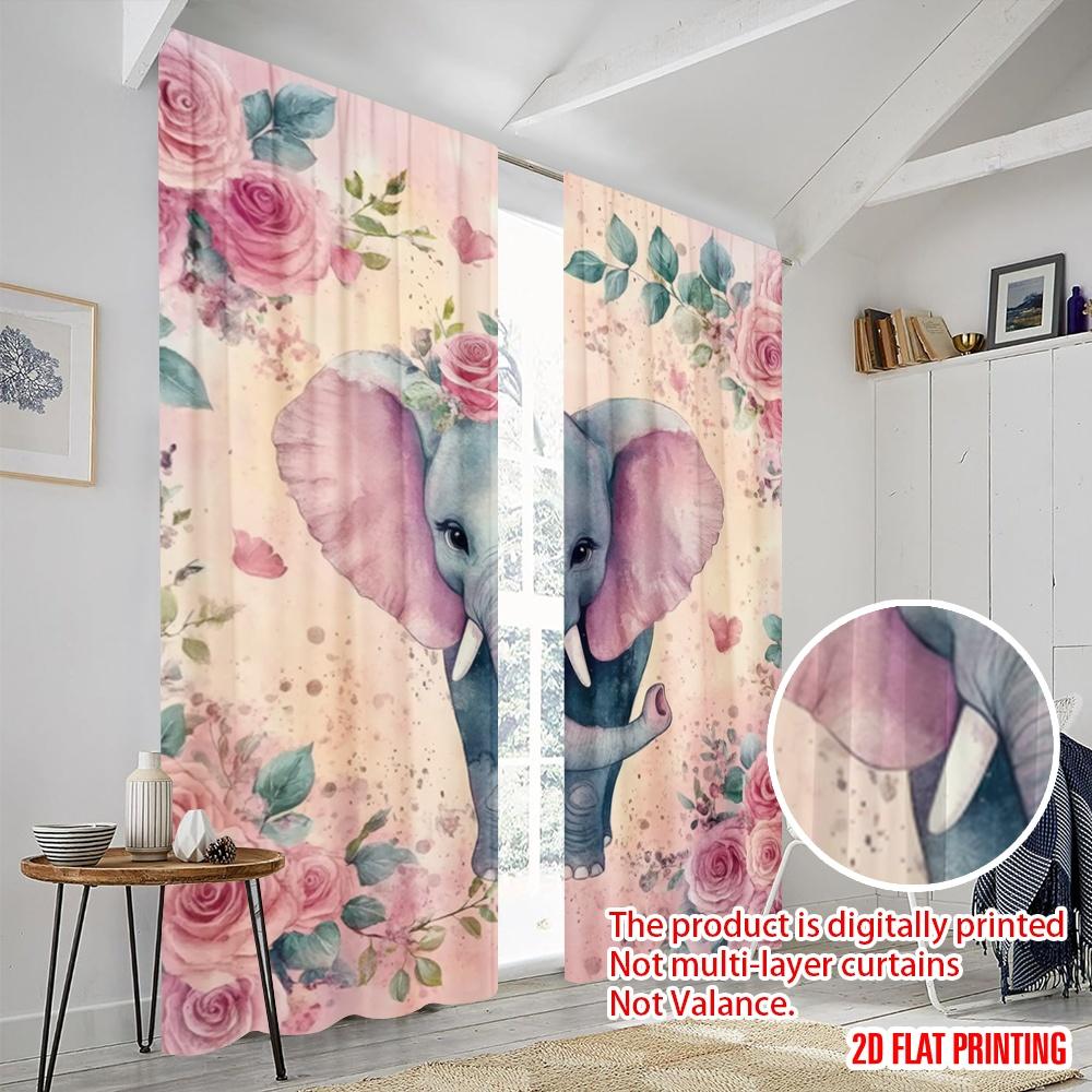 2pcs,2D plane printing Light Filtering Curtains Rosy Elephant Dream Versatile Polyester (without rod) Holiday Use for Various
