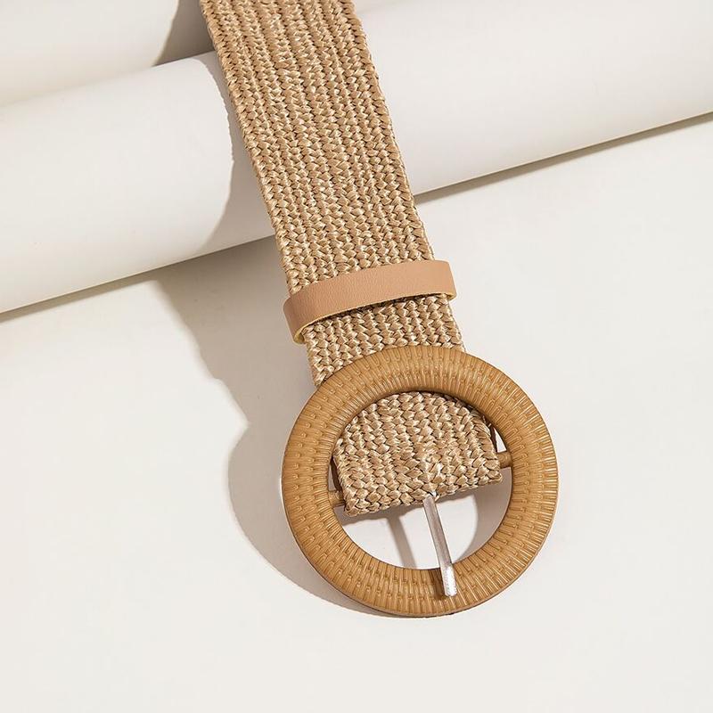 1pc Women Round Buckle Boho Straw Belt For Beach Ellipse Buckle Bead Decor Bohemian Woven Belt For Holiday