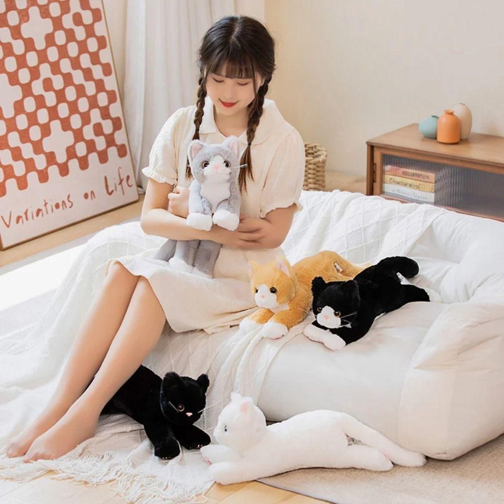 Plush Simulated Cat Plush Toy White/ Gray Plush Cat Doll Plush Kitten Pillow  Birthday Gift