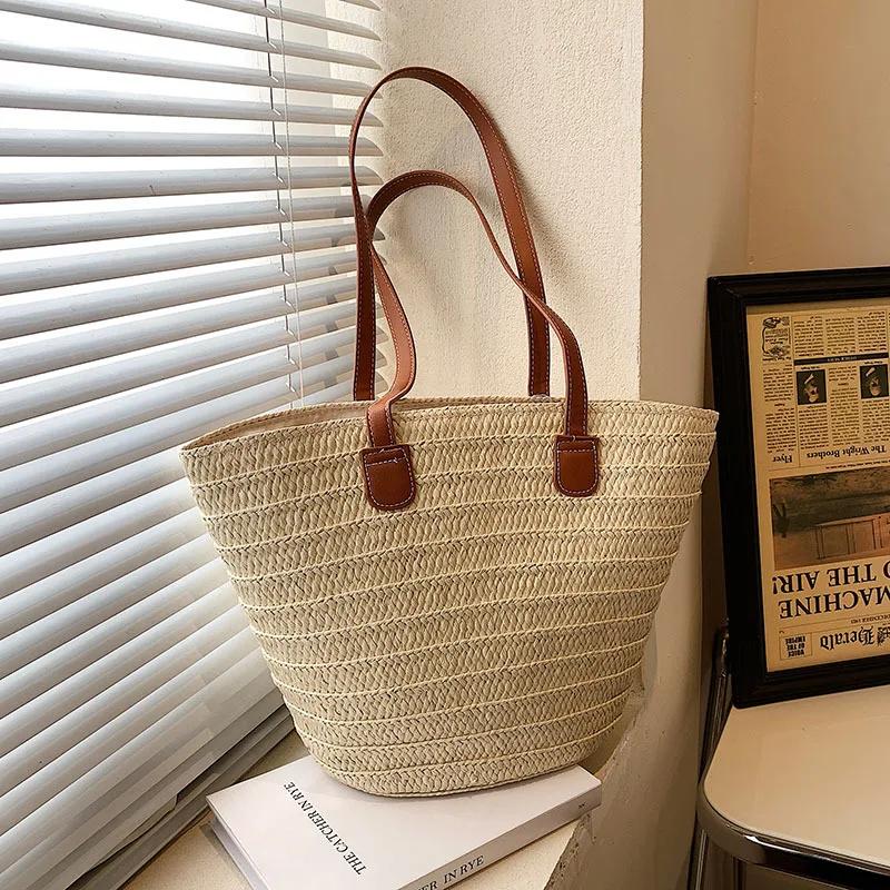 

Women s Large Capacity Shoulder Bag Summer Straw Woven Basket Handbag Fashi Female Luxury Designer Beach Bag Bali Shopper Tote бежевый