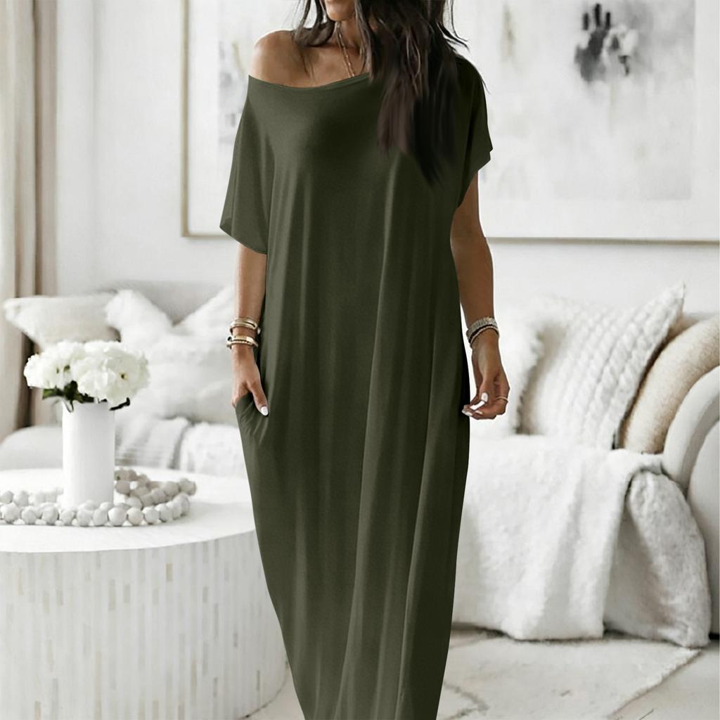 Women's Fashion Color Short-Sleeved Long Casual Dres