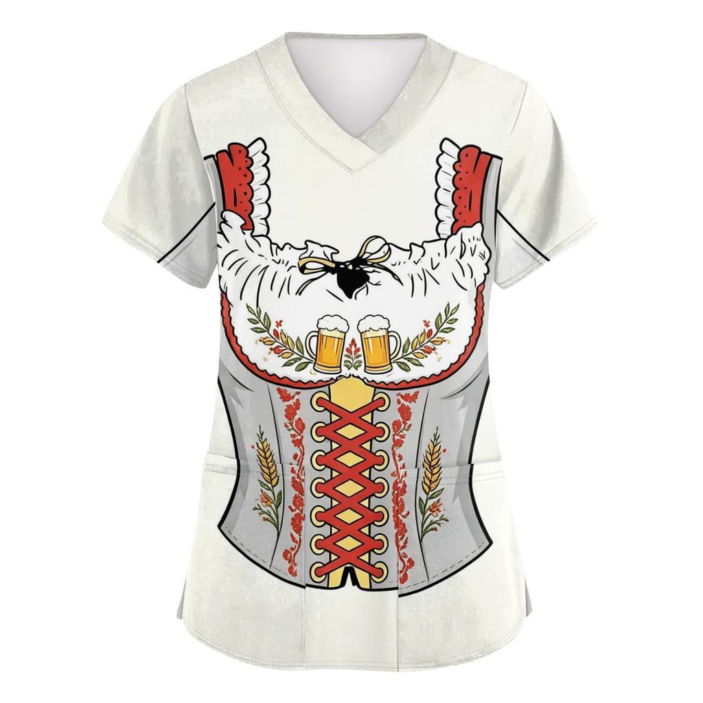 Women V Neck Short Sleeve Work Shirt with Pockets Oktoberfest Printed Top Nursing Uniform Medical Scrub Tee for Healthcare Staff