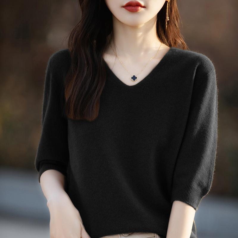 Women S Short Sleeve V Neck Solid Color Knit Pullover Top