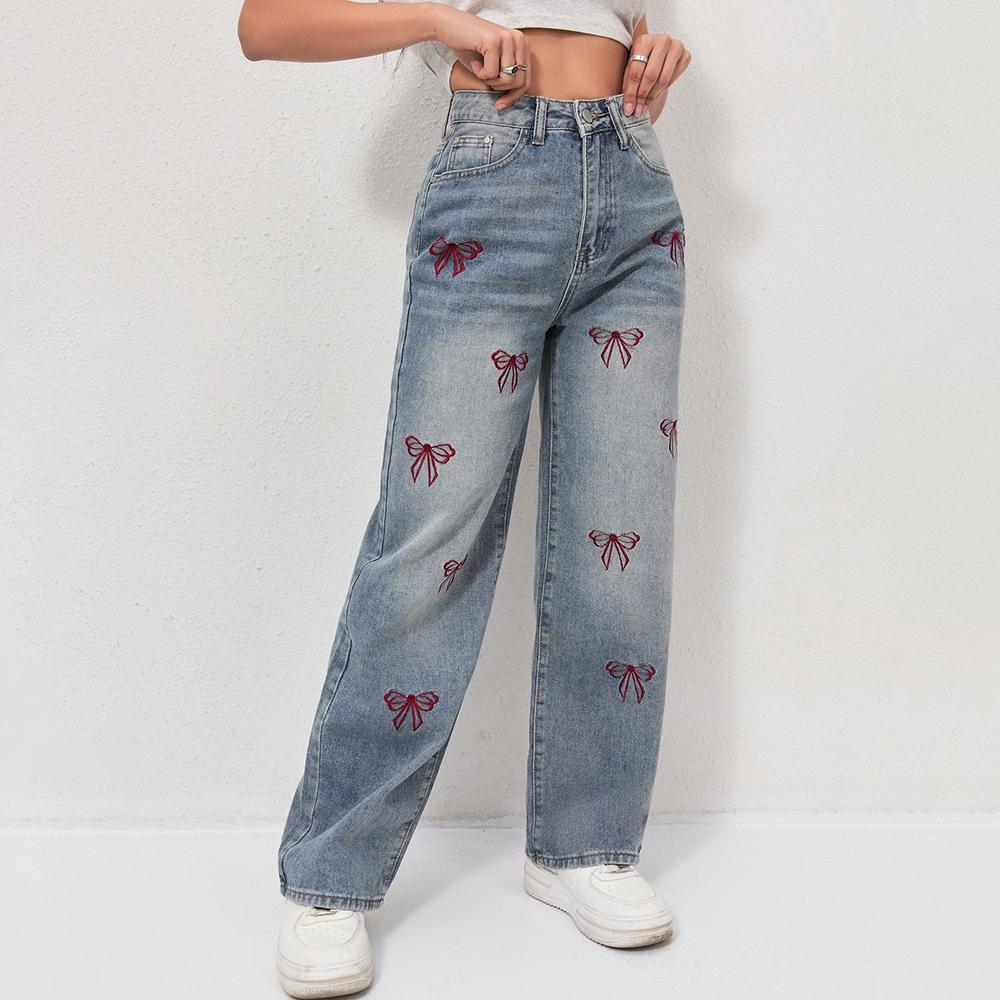 Puffanpop Women's Wide Leg Jeans Retro Wash High Waisted Denim Pants Loose Straight Casual Jeans Boyfriend Pants Embroidered jeans