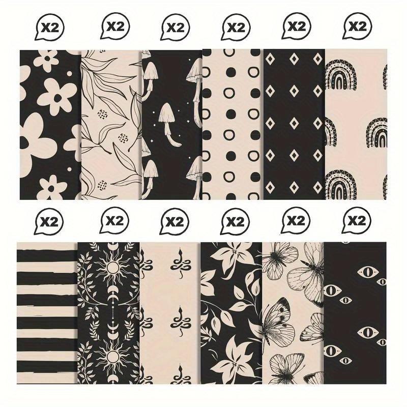 24-Piece Bohemian Craft Paper Set: Ivory and Black Patterns. Ideal for Scrapbooking, Card Making & Diary Supplies.