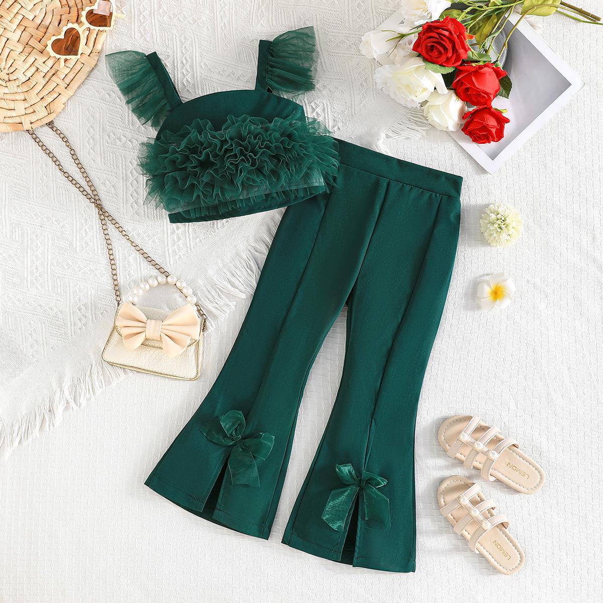 

Girls Tulle Top & Bow Flare Pants 2Pcs Elegant Outfit 7Y брансвік зелений колір