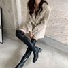 fashion Square Toe Women Over The Knee Stretch Boots Black White Thick Mid Heels Autumn Spring Sock Boots Elastic Botas Slip On Botas