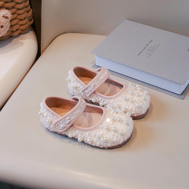 Girls Dance Shoes Elegant Round Toes Kids Flat Shoes Non-slip Soft Sole 2025 New Girls Princess Shoes with Sweet Pearl Ins Trend