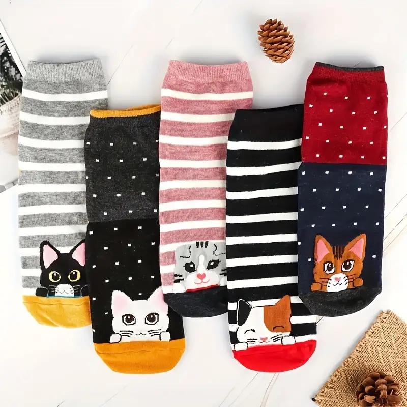5 Paia di Calzini Carini da Donna con Cartoni Animati di Gatti e Cani. Calze di Natale. Calzini Originali. , Traspirante, Confortevole, Versatile ed Elastico. Un Regalo per Donne.