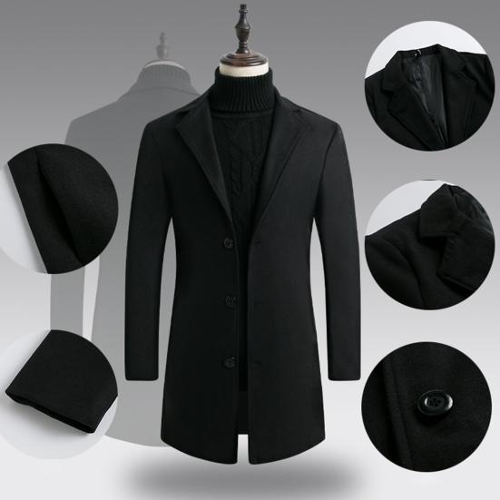 Autumn Men Trench Coat Solid Color Single Breasted Slim Fit Windproof Mid-length