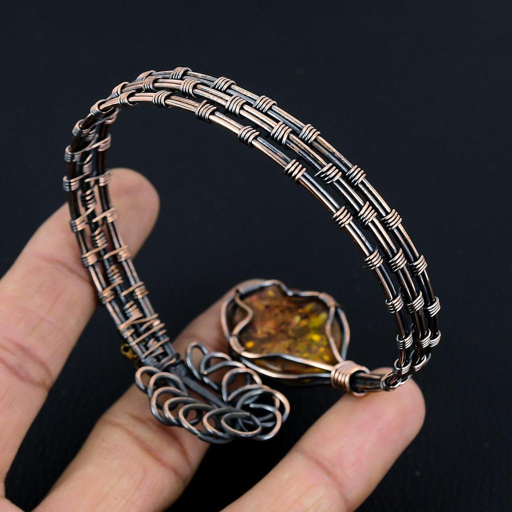 Baltic Amber Bangle, 999 Copper Wire Wrapped Gemstone Jewelry, Handmade Bangle For Memorial Day