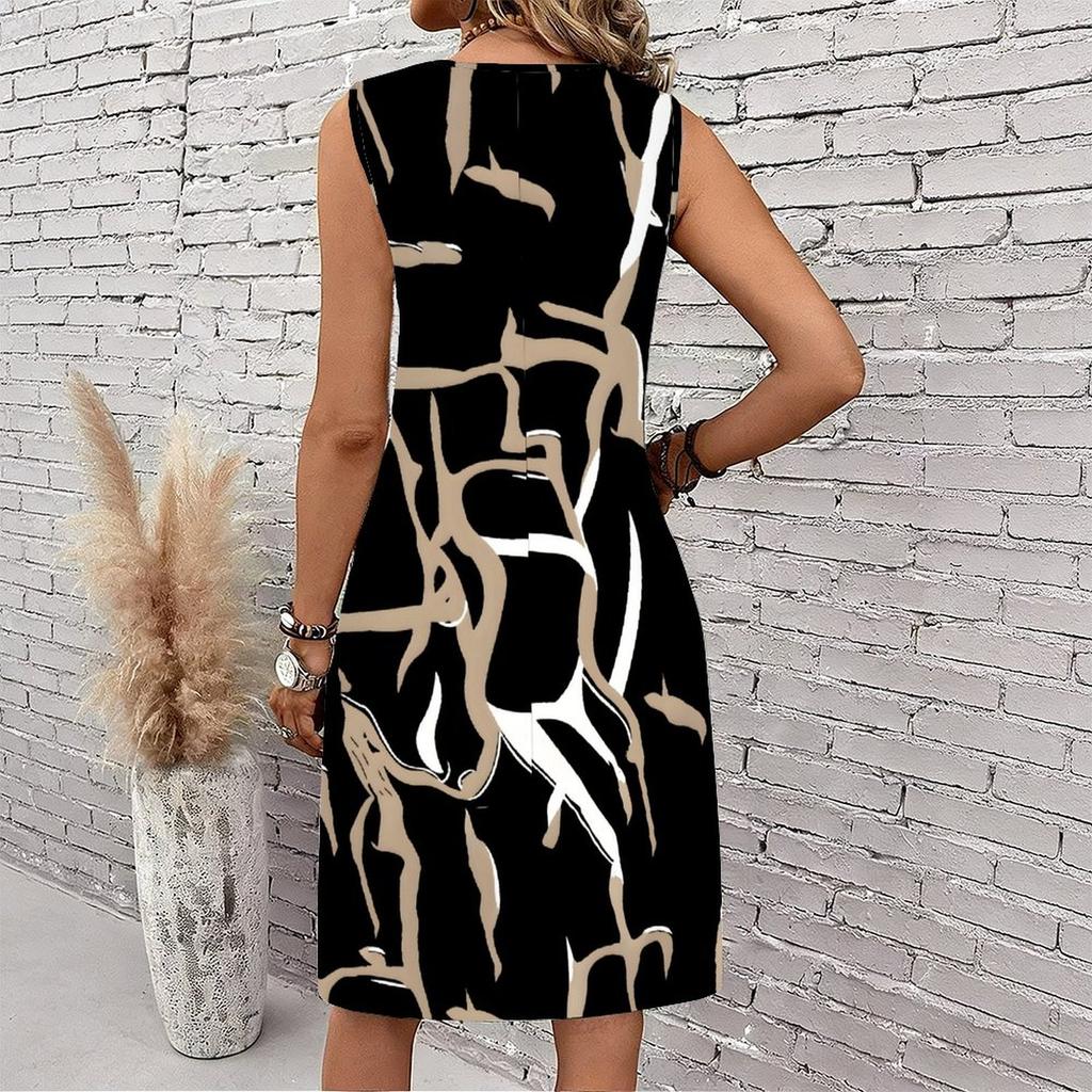 Plus Size V Neck Sleeveless Dress Abstract Bamboo Ink Print For Traditional Garden Visit