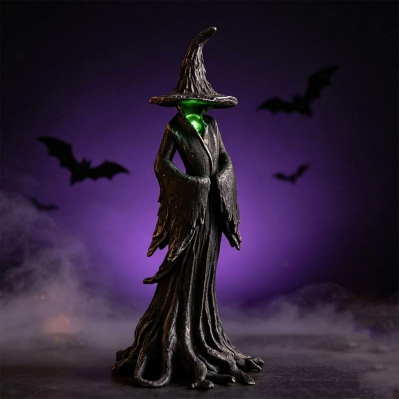 Resin Witch Statues and Figurines Halloween Hooded Character Statue with Integrated Lighting, Hand-Detailed Dark Body and Flowing Robe for Shelf,
