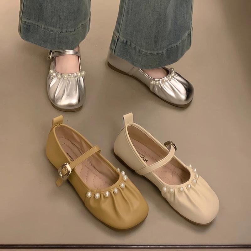 French Pearl Mary Jane Shoes Girl 2025 Spring New Fairy Evening Wind Large Size Soft Sole Ballet Grandma Shoes