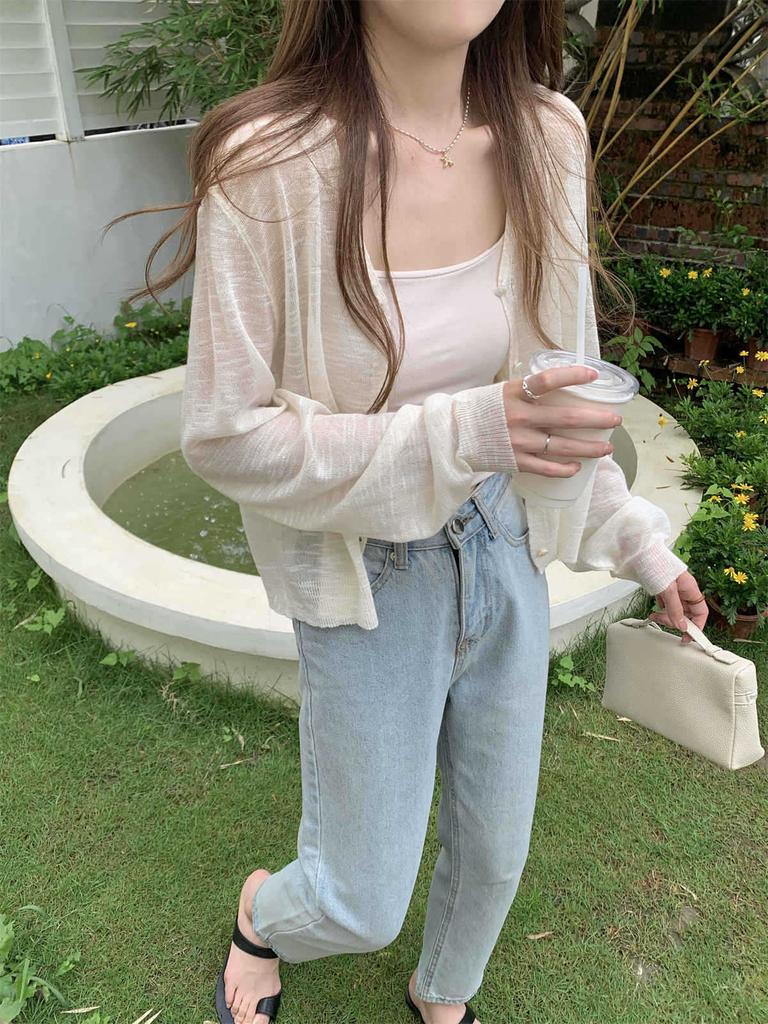 Temperament V-neck atmosphere summer thin ins bamboo hemp sunscreen jacket long-sleeved knitted top women's cardigan