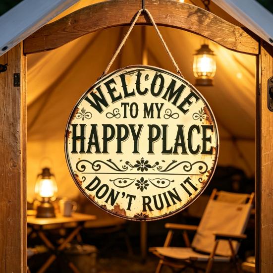 Welcome To My Happy Place Metal Wall Sign Vintage Rustic Round Hanging Door Plaque for Indoor Outdoor Home Office Cafe Yard Decor