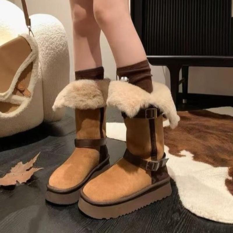 Fur All-in-One Snow Boots Winter New Round Toe Spliced Fleece Thickened Tall Cotton Boots