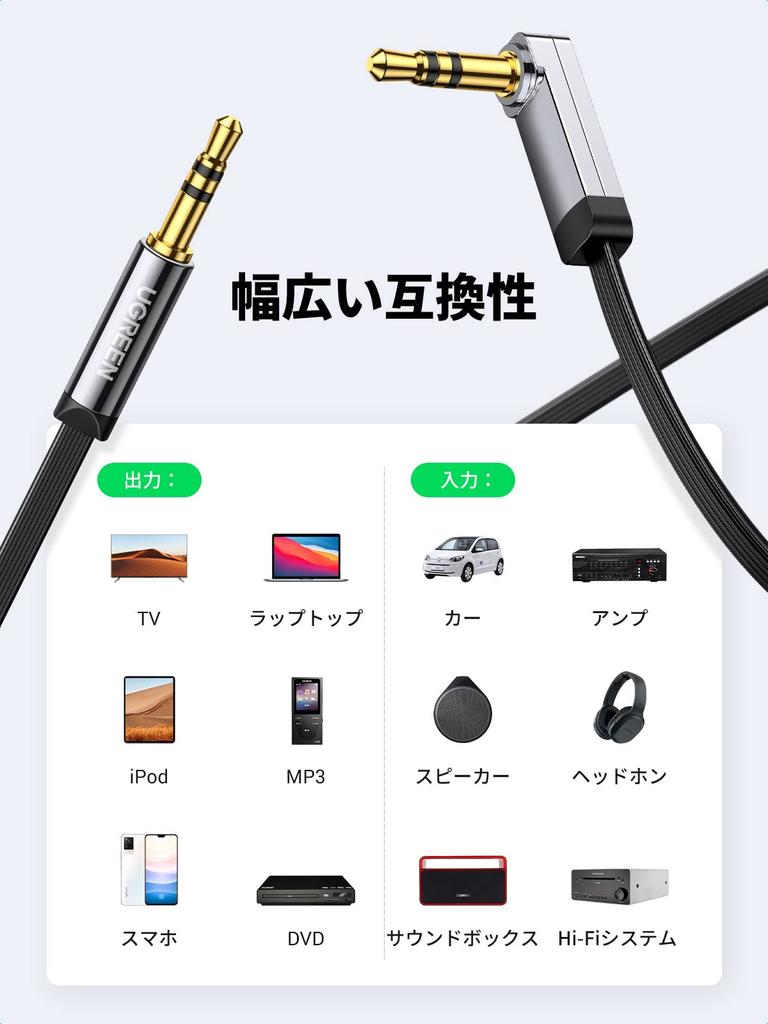 UGREEN Audio Cable Aux Cable One Side L Shape Stereo Mini Plug AUX 3 Pole Male to Male High Sound Quality Earphone Jack Gold Plated Plug High