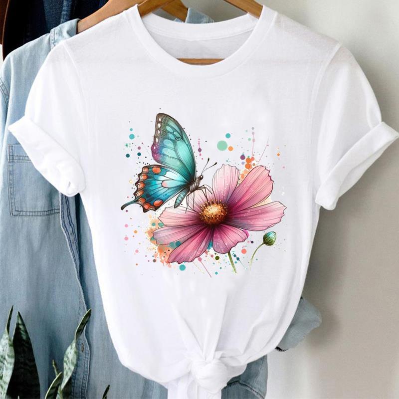 (Asian Size) Printed Clothing Top Fashion feather flower 90s Short Sleeve T-shirts Women Graphic Tee Lady Female Casual T Shirt Tees