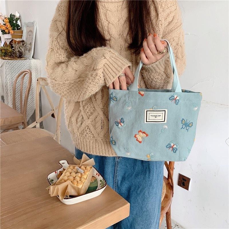 Adorable Purple Butterfly Embroidered Handheld Bag Trendy Cotton Linen Lunch Tote For Everyday Use And Stylish Outfits