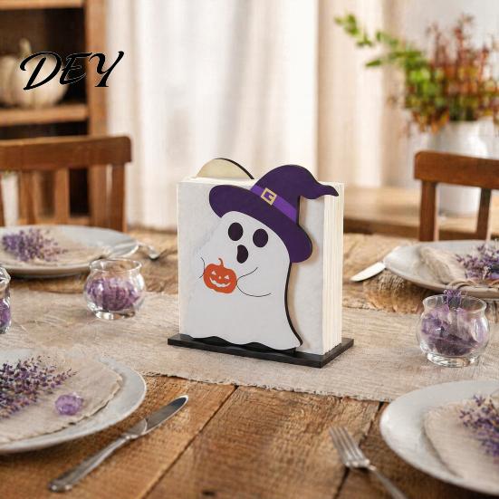 Decorative Napkin Dispenser Halloween Ghost Wooden Holder, Cute Paper Towel Holder Stand, Freestanding Tissue Organizer for Home Kitchen Restaurant
