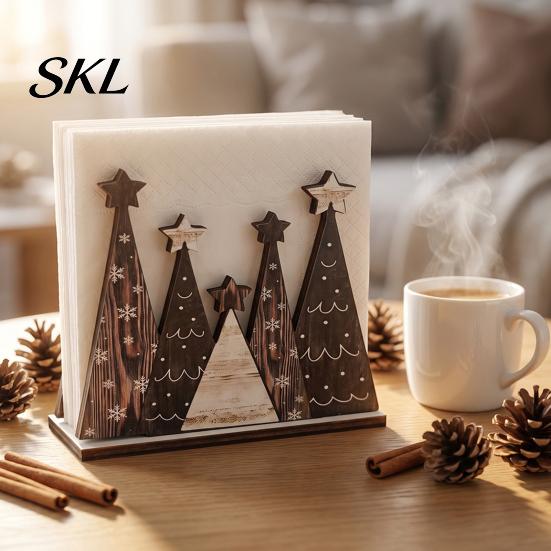 Christmas Tree Napkin Holder Wooden Holder, Freestanding Tissue Dispenser with Star And Snowflake Decor, Winter Holiday Table Decor Decorative Festive
