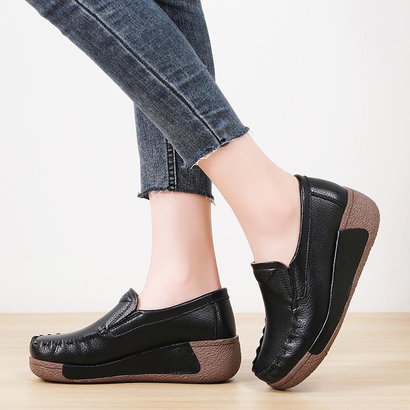 Spring and Summer Women Fashion Loafers Genuine Leather Moccasins Autumn Slip-on Casual Round Toe Wedge Platform Rocking Shoes
