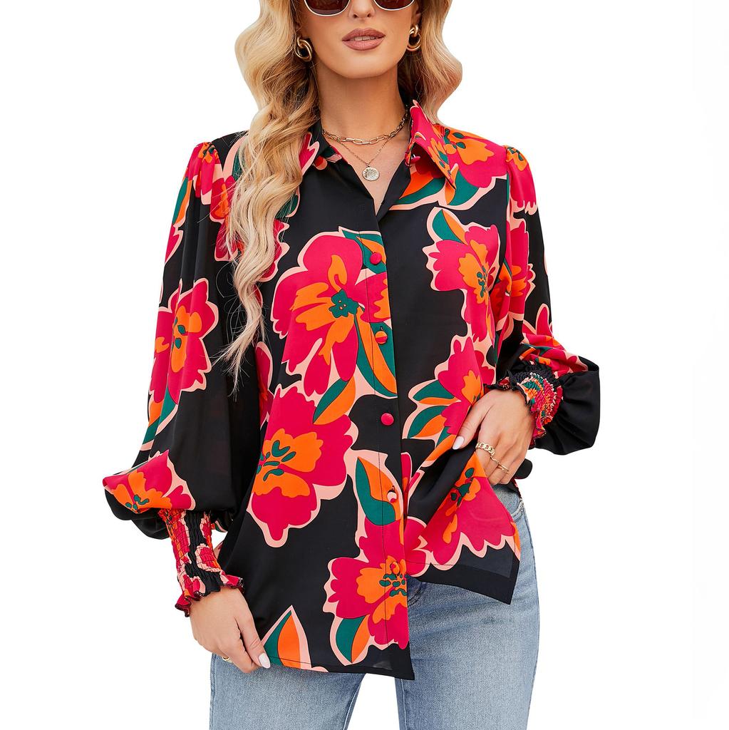 DX2018-8127 # - New Top Casual Print Bubble Shoulder Lantern Long Sleeve Shirt Women