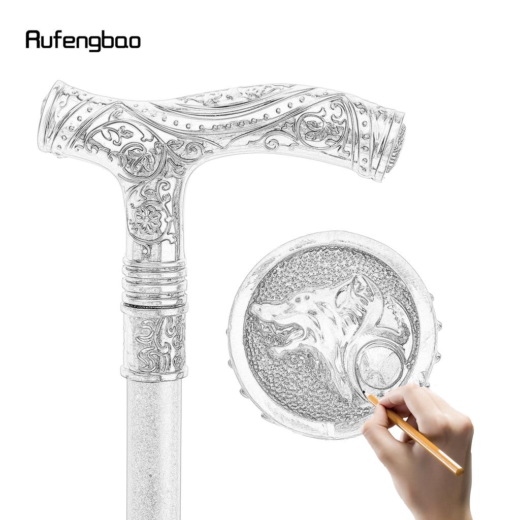 Silver Wolf Head Flower Totem Relief Walking Cane Fashion Walking Stick Gentleman Crosier Knob Walking Stick 93cm
